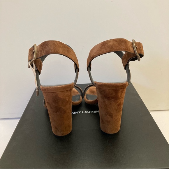 NWT Saint Laurent Oak 100 Khaki Suede Block Heel Ankle Strap Slingback Sandals - Picture 6 of 8